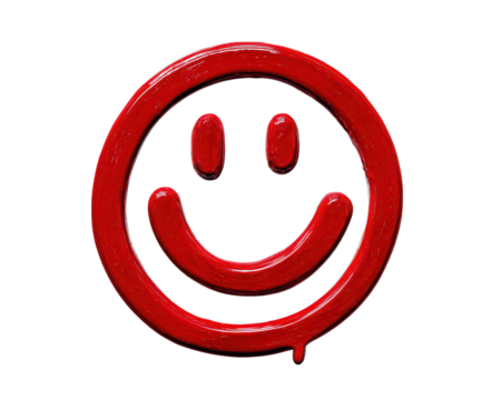 Red smiley face, happy expression, glossy paint texture, isolated on transparency background, cheerful and playful mood, simple round design, positive emotion