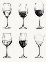 A Collection of Six Exquisite Wine Glasses, Elegantly Rendered in Monochrome Ink Drawings, Showcasing a Variety of Wine Glass Shapes and Styles.