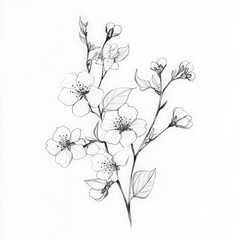 Delicate Hand-Drawn Floral Illustration of Spring Blossoms on White