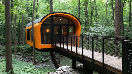 Modern orange treehouse nestled within a lush forest setting.
