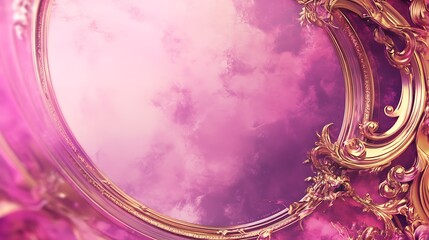 Ornate, gilded frame with pink sky