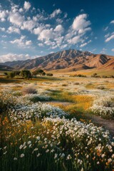 Fototapeta premium Vibrant Wildflower Meadow Against Desert Mountains