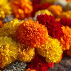 Vibrant Orange Yellow and Red Marigold Flowers Close Up