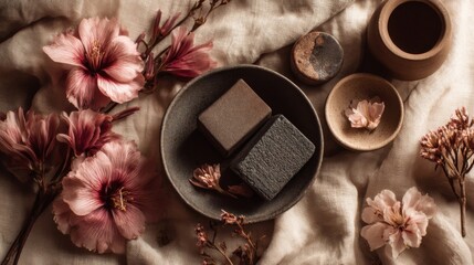 Dark Brown and Beige Handmade Soap with Pink Flowers on Fabric