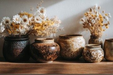 Dried Flowers in Speckled Ceramic Vases on Wooden Shelf