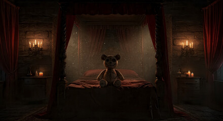 Quarto Gótico com Bicho de Pelúcia Macabro sobre a Cama sob Luz de Velas Dramática