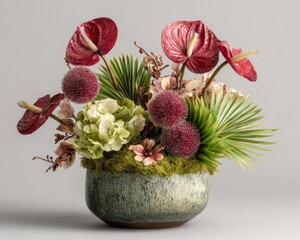 Red and Green Artificial Flower Arrangement in a Speckled Vase