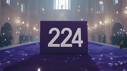 Purple placard with number 224 in a large hall.
