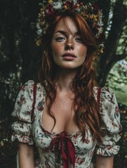Redhead Woman in Floral Crown and Dress in Forest