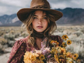 Woman in Brown Hat with Floral Bouquet in Desert Landscape