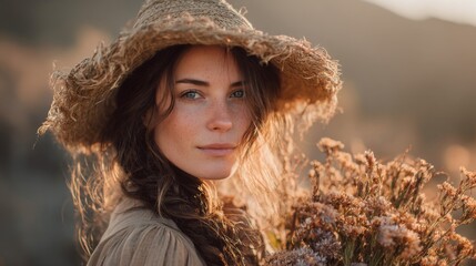 Portrait of a Young Woman with Freckles in a Straw Hat Holding Flowers at Sunset