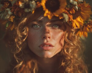 Closeup Portrait of a Woman with Red Curly Hair and a Sunflower Crown