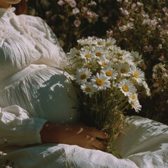 Pregnant Woman in White Dress Holding Daisies Outdoors