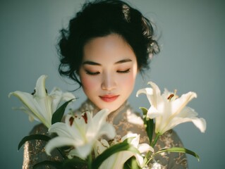 Portrait of a Woman Holding White Lilies