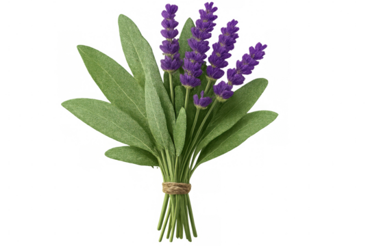 Lavender and sage bundle, garden-fresh herbs binding with rustic twine, transparent backdrop