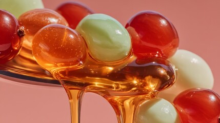 Closeup of Red and Green Grapes Drizzled with Golden Honey