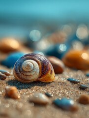 Seashell on Sandy Beach with Colorful Pebbles