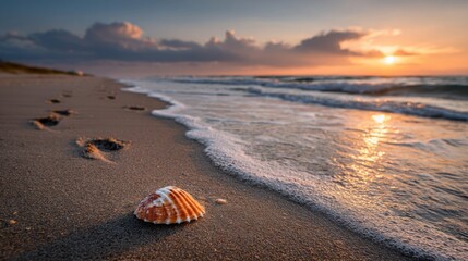 Seashell on Sandy Beach at Sunset