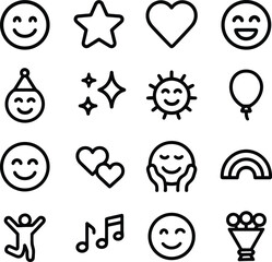 Minimalist Line Style Decorative Element Icon with Happy Faces and Celebration Icons