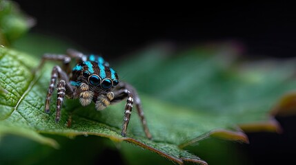 Fototapeta premium Close-up of a jumping spider with vibrant blue markings on a leaf.