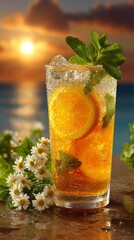 Refreshing Orange Mint Cocktail at Sunset Beach