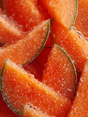 Closeup of Juicy Orange Cantaloupe Slices with Water Droplets