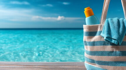 Beach Bag with Sunscreen and Towel on a Wooden Deck