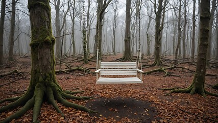 White swing in misty forest trees