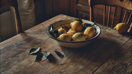 Lemons in enamel bowl on rustic wooden table, warm italian farmhouse kitchen

