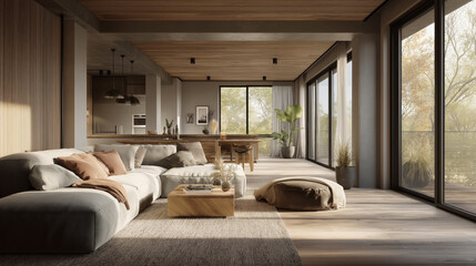 An inviting and elegant living space featuring contemporary furniture, a textured rug, and large windows that flood the room with natural light and offer views of the outdoors