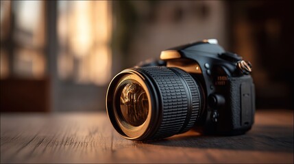 A DSLR camera with a large lens rests on a wooden table, bathed in warm, diffused light from a nearby window, creating a shallow depth of field.  The focus is 
