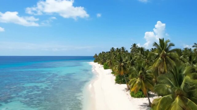 Cinematic aerial view of a sunlit tropical beach with gentle turquoise waves washing ashore and palm trees swaying in the breeze
