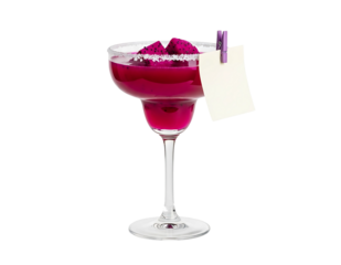 drink mockup, A dragon fruit margarita in a margarita glass with salt rim and bright magenta color. A small blank paper note is clipped 
