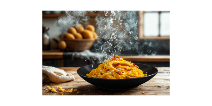 A steaming plate of pasta topped with grated cheese, exuding warmth and inviting aromas.