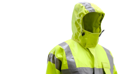 A close up of a bright yellow and gray safety jacket with a hood against a black background