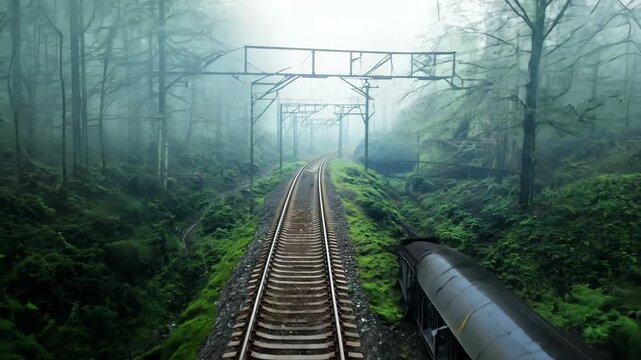 overgrown railway tracks disappearing into a decaying forest, remnants of old trains rusting along the path, soft post-rain mist, quiet post-apocalyptic mood, aerial drone shot