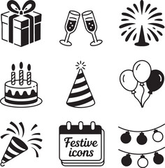 Set of Simple Black and White Festive Icons.
