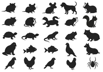 Collection of Domestic and Wild Animal Silhouettes Featuring Mammals Birds Reptiles Fish and Insects for Educational and Design Purposes