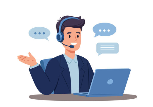 Professional customer service representative wearing a headset and smiling while working at a computer during a business meeting with clients online - Powered by Adobe