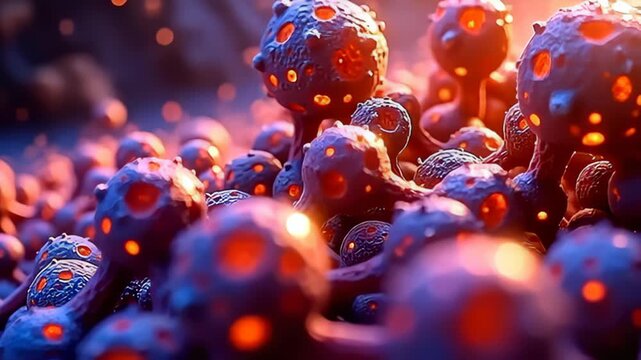 Chromatic clusters of iridescent molecules shifting shape like animated energy field pulse rhythmically, their surfaces morphing through vivid shades of warm orange and deep violet,
