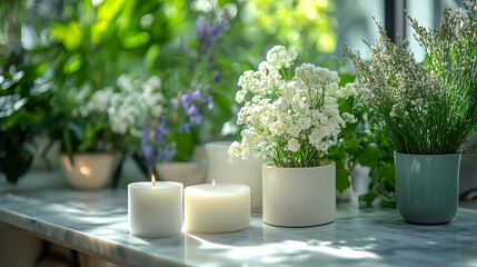 Still life candles flowers plants home decor interior design floral arrangement window light marble countertop