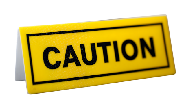 A yellow caution sign with black text and border sitting on a white surface against black background
