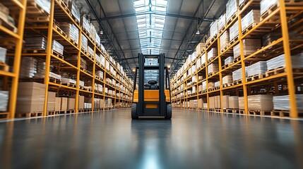 Forklift inside a warehouse full of products.