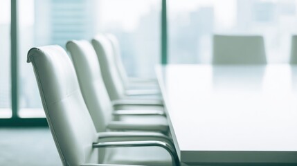 Modern conference room with bright white chairs and table facing large windows