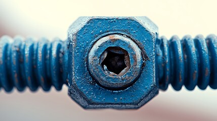 Close-up view of a blue painted bolt and nut.