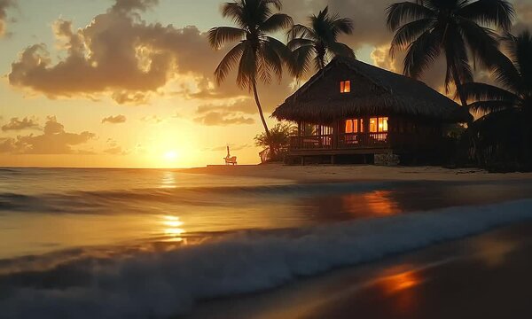 Tropical Sunset Cabin on a Beach