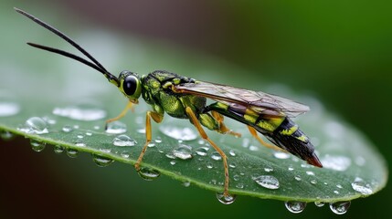 Close-up of an insect on a dewy leaf.
