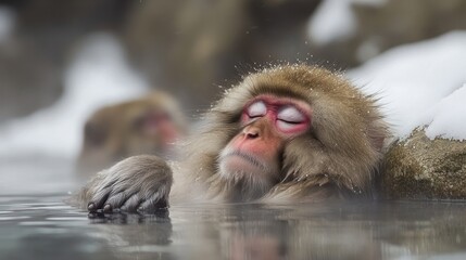 Obraz premium Snow monkey relaxing in hot spring