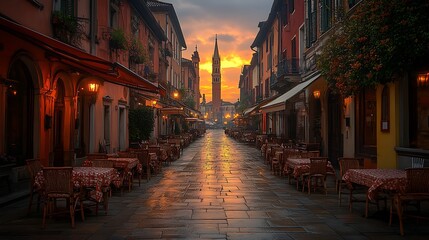 Fototapeta premium European street scene at dawn with outdoor cafes.