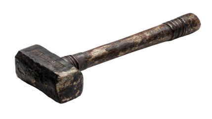 A weathered sledgehammer with a wooden handle isolated against a black background in a studio shot